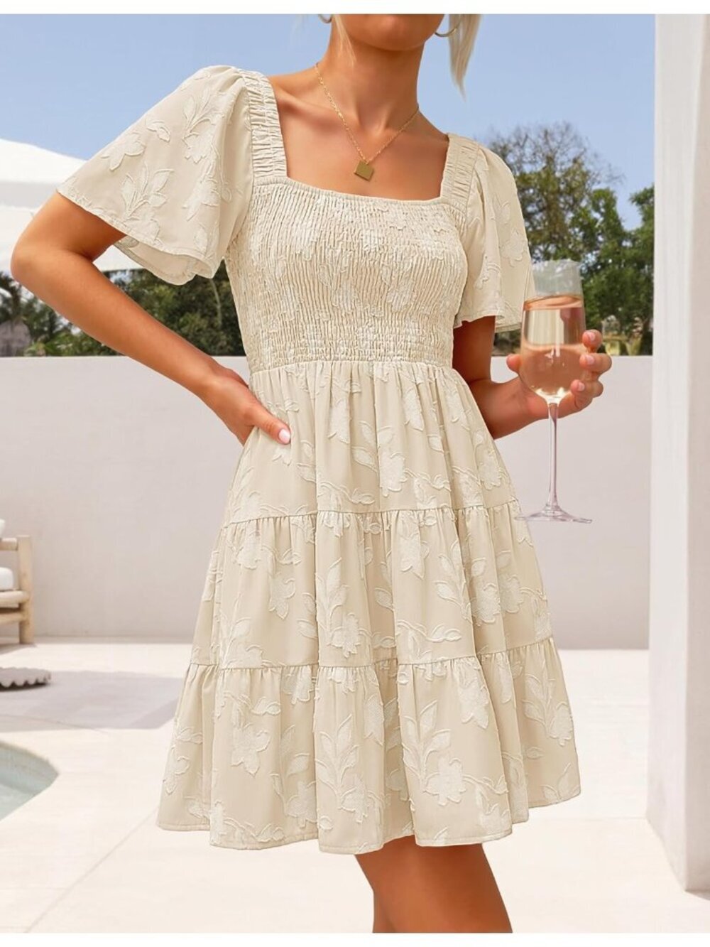 〽️Women's Apricot Casual Short Sleeve Square Neck Summer Boho Floral Mini Dress